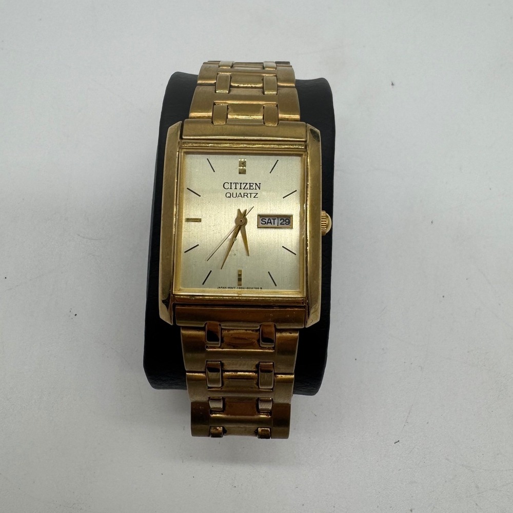 Citizen Quartz Mens Gold Tone Rectangular Day Date tank Watch 1002-S99299 HSB
